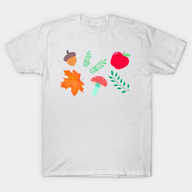 Autumn pattern with leaves, mushrooms, acorns and apples T-Shirt by NashTheArtist